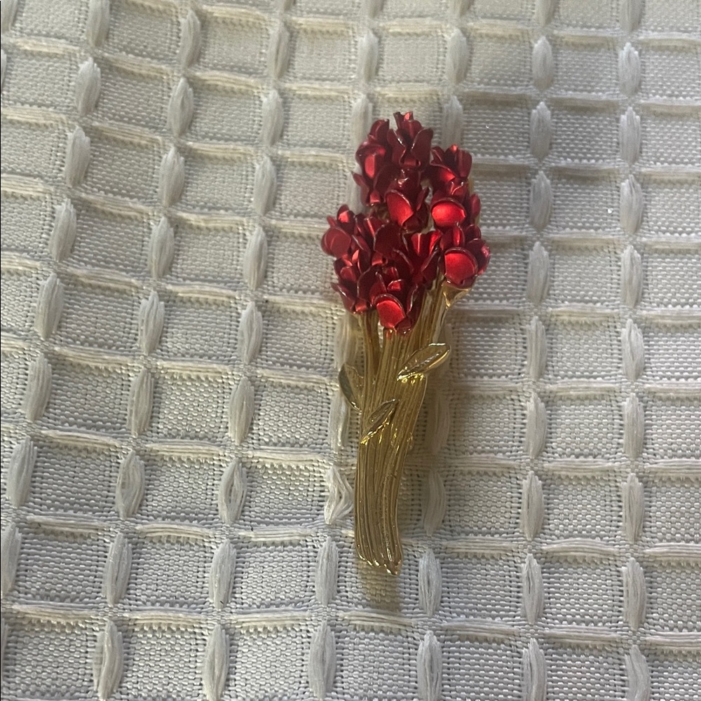 Gold-Tone Brooch with Red Floral Bouquet Accent